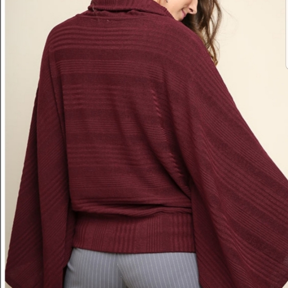 Burgundy Ribbed Sweater w/ Kimono Sleeves/Cowlneck - Picture 5 of 5